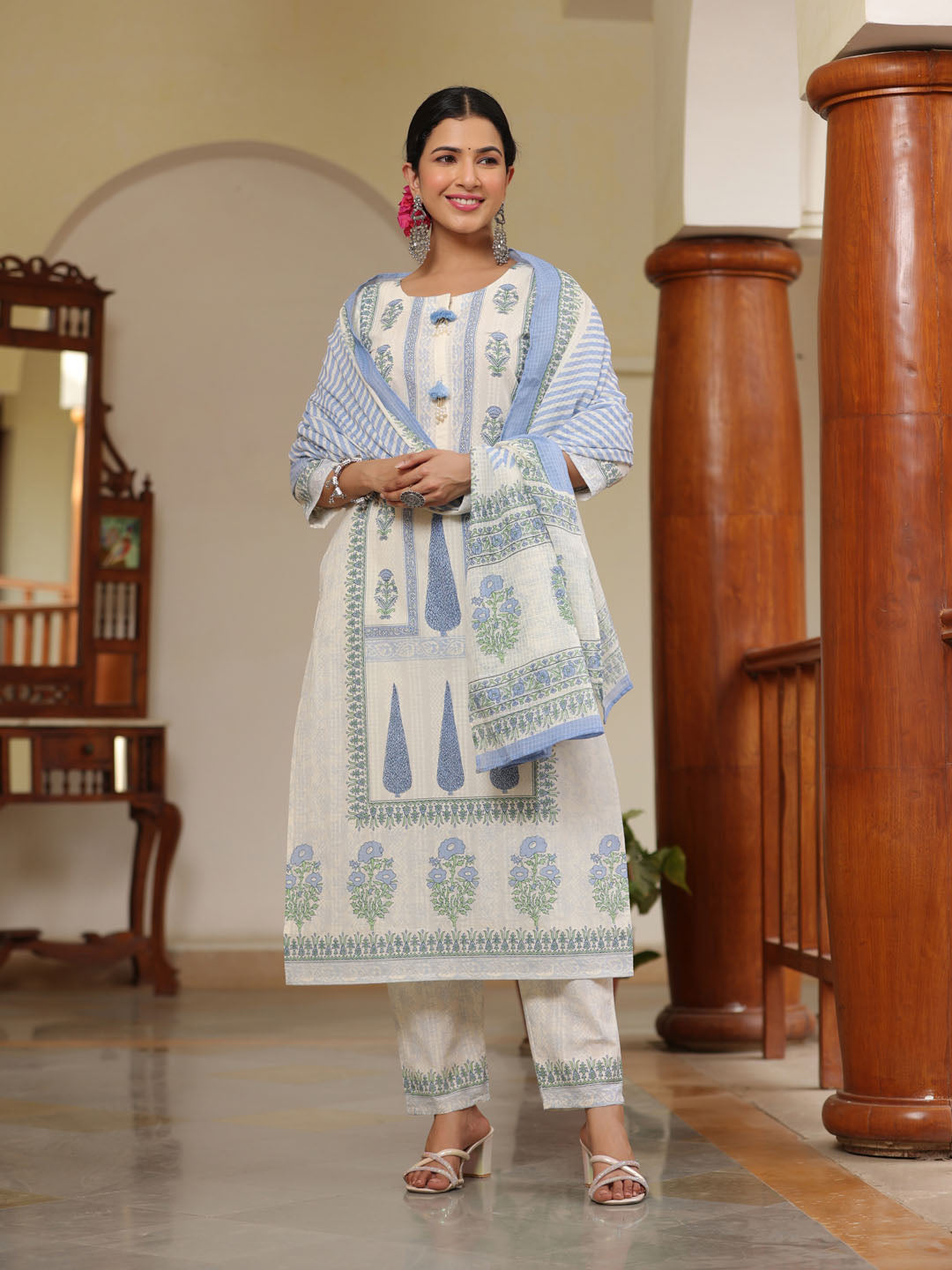 Floral Printed Cotton Kurta With Pants &amp; Dupatta