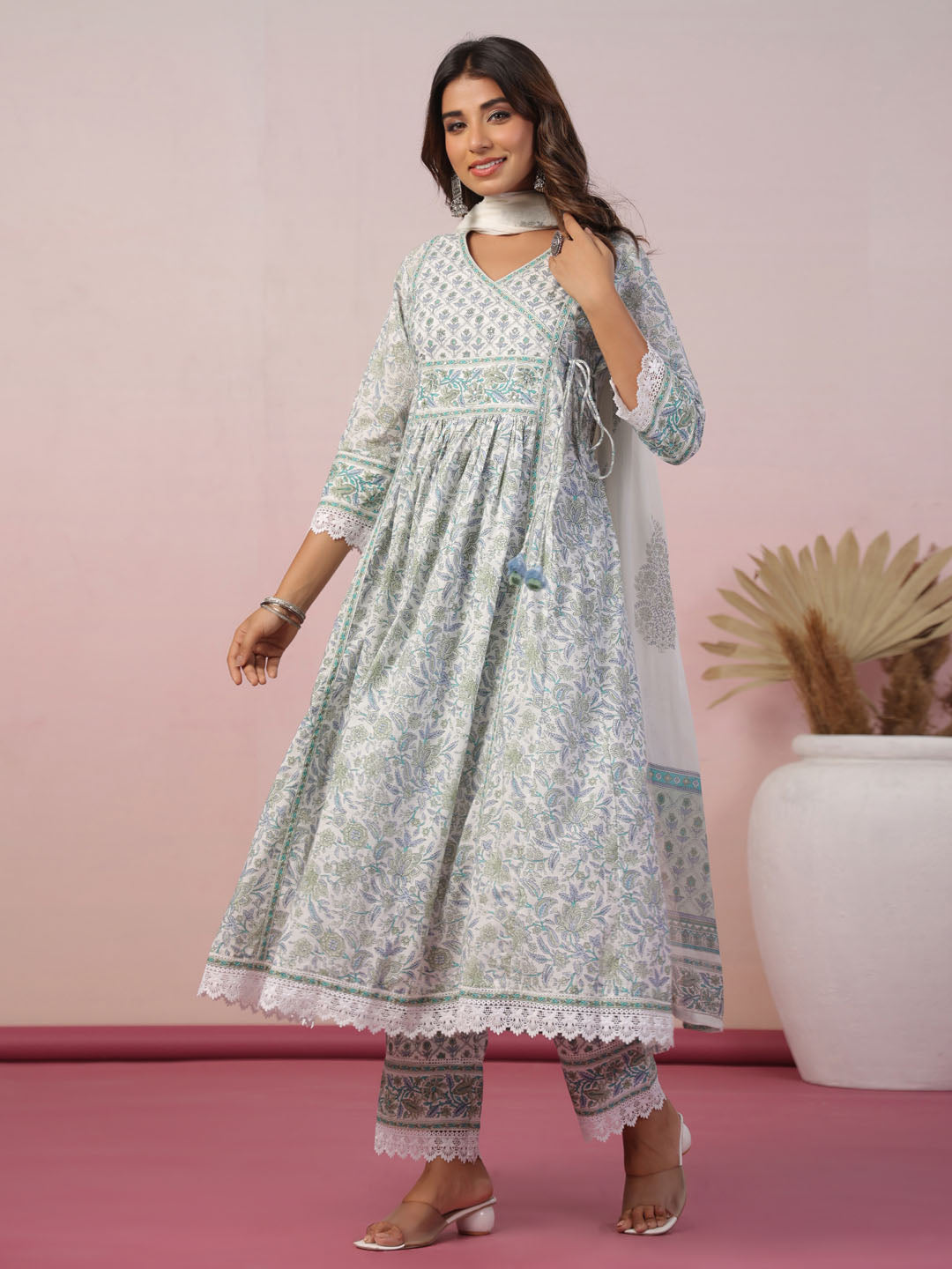 Floral Block Printed Cotton Kurta With Pants & Dupatta