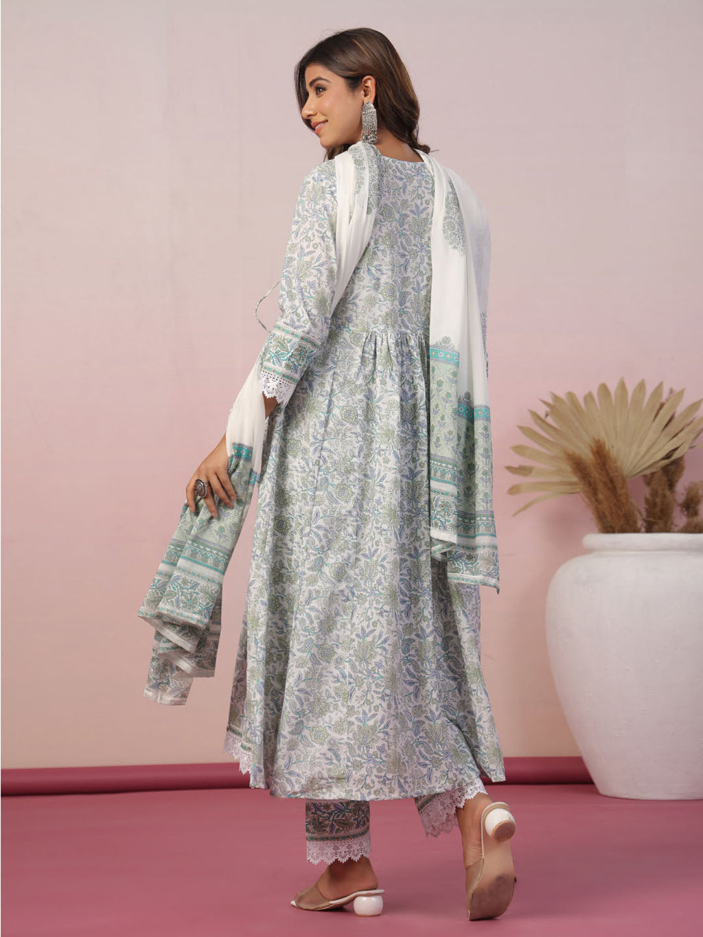 Floral Block Printed Cotton Kurta With Pants & Dupatta