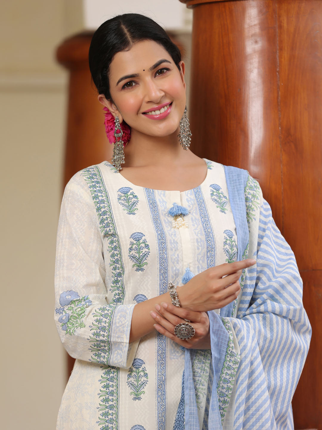 Floral Printed Cotton Kurta With Pants &amp; Dupatta