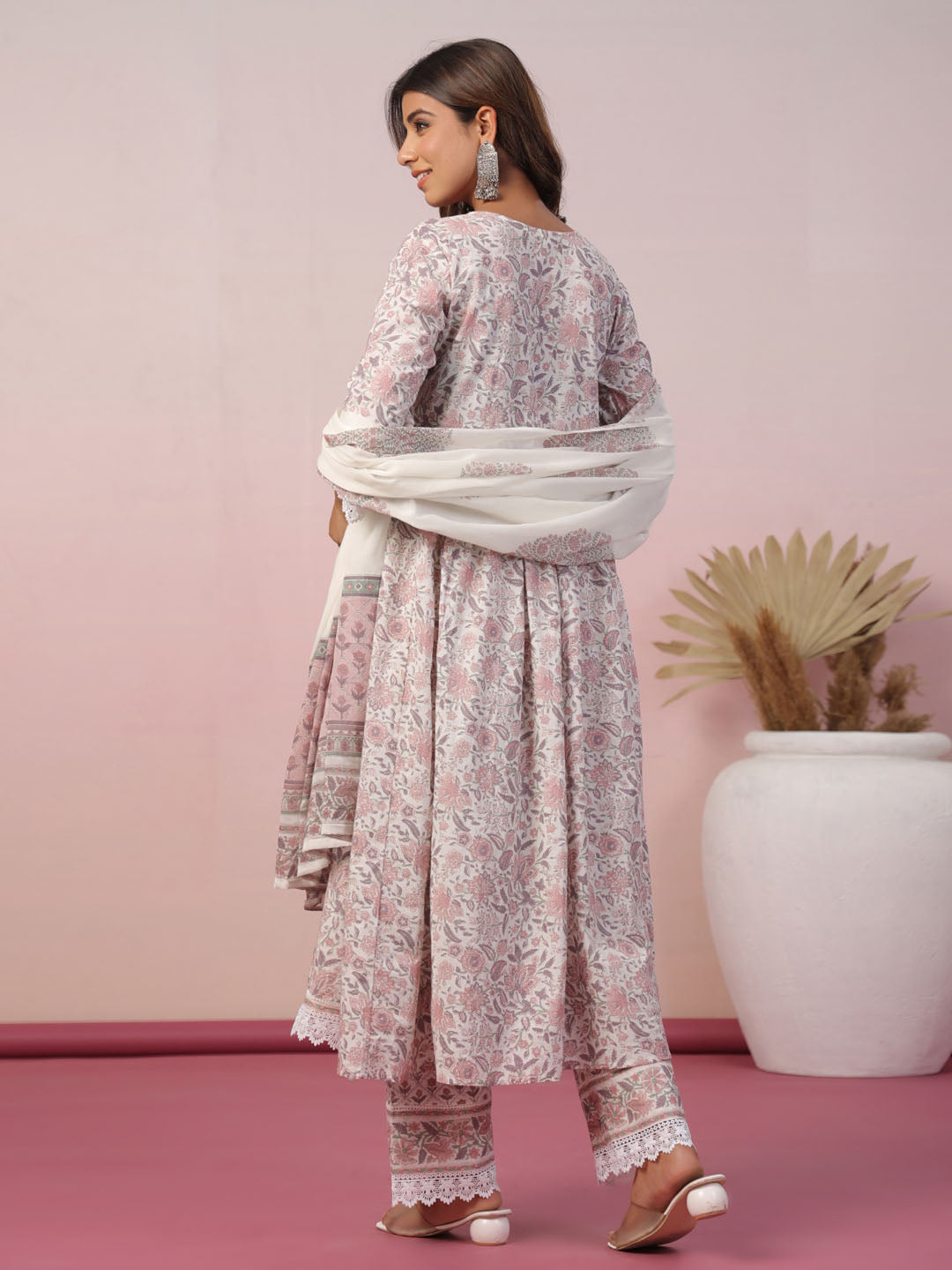 Floral Block Printed Cotton Kurta With Pants & Dupatta