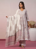 Floral Block Printed Cotton Kurta With Pants & Dupatta