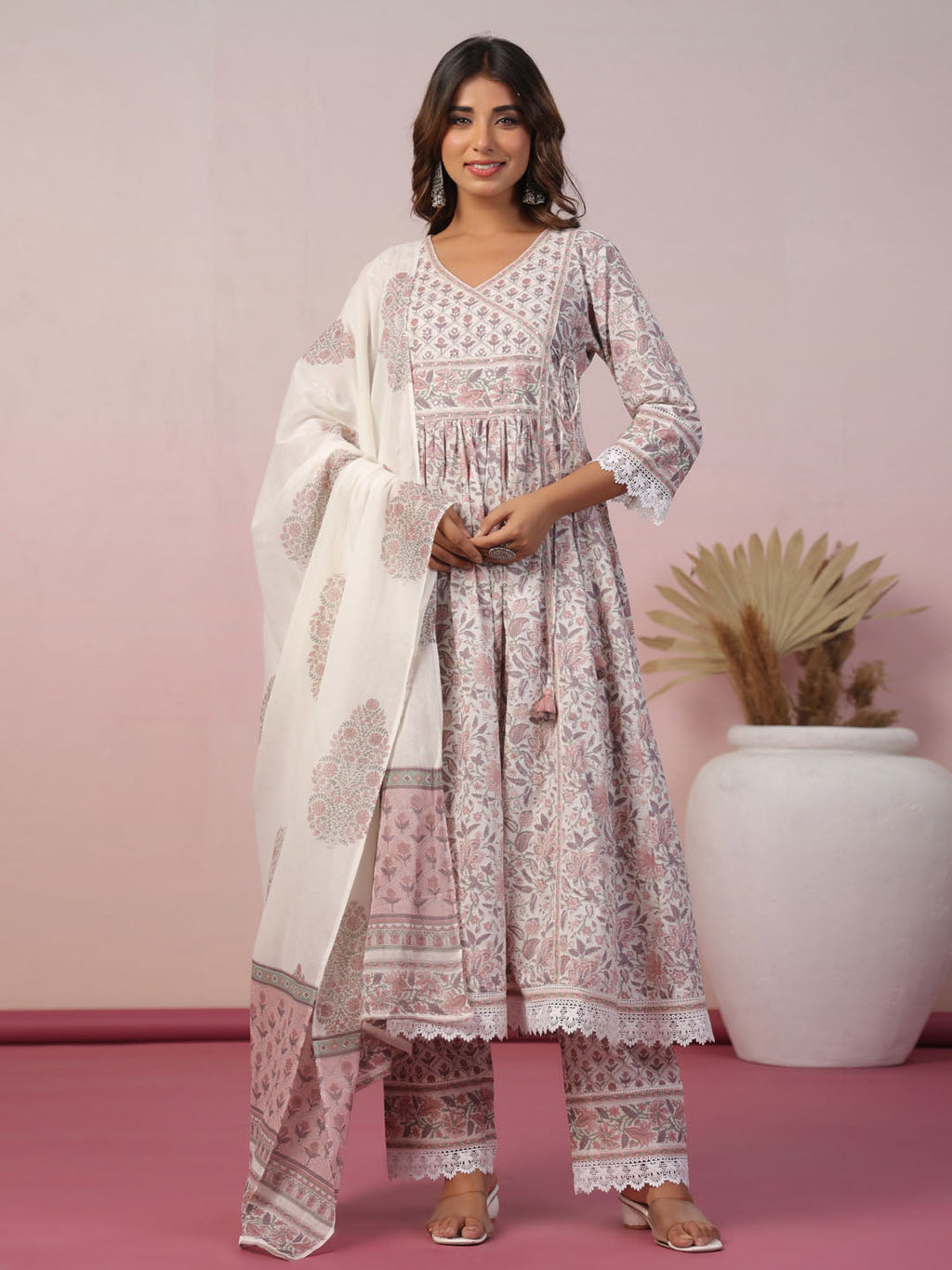 Floral Block Printed Cotton Kurta With Pants & Dupatta