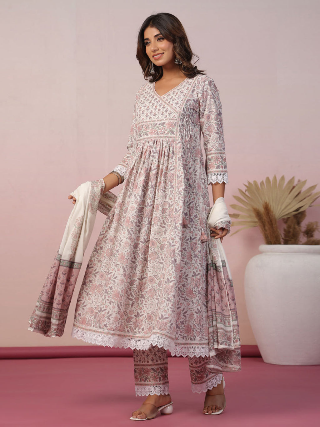 Floral Block Printed Cotton Kurta With Pants & Dupatta