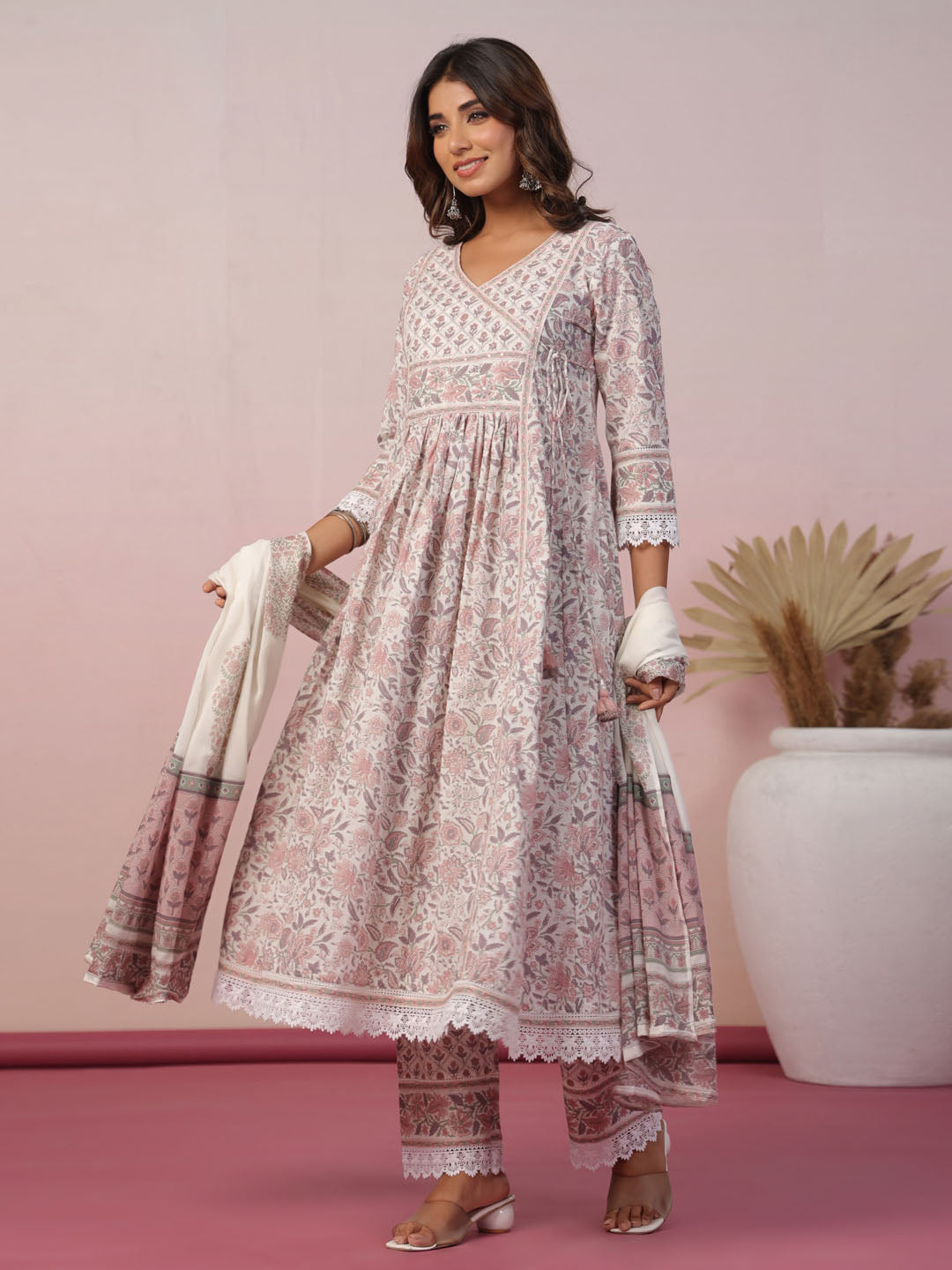 Floral Block Printed Cotton Kurta With Pants & Dupatta