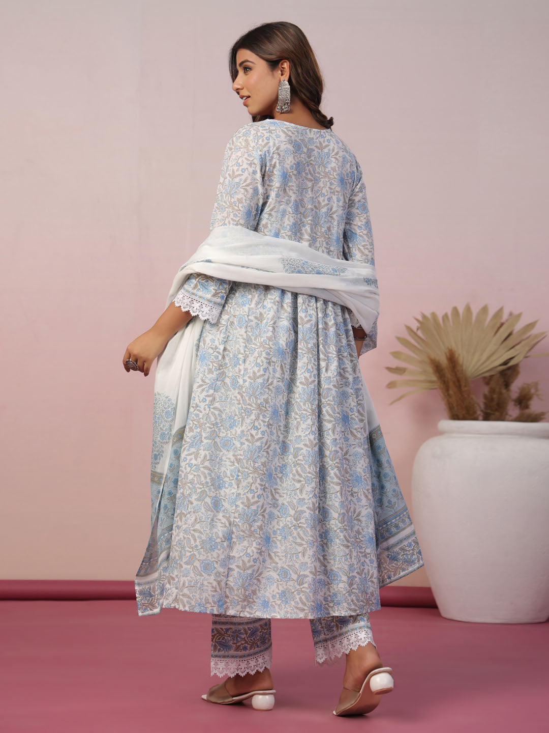 Floral Block Printed Cotton Kurta With Pants &amp; Dupatta