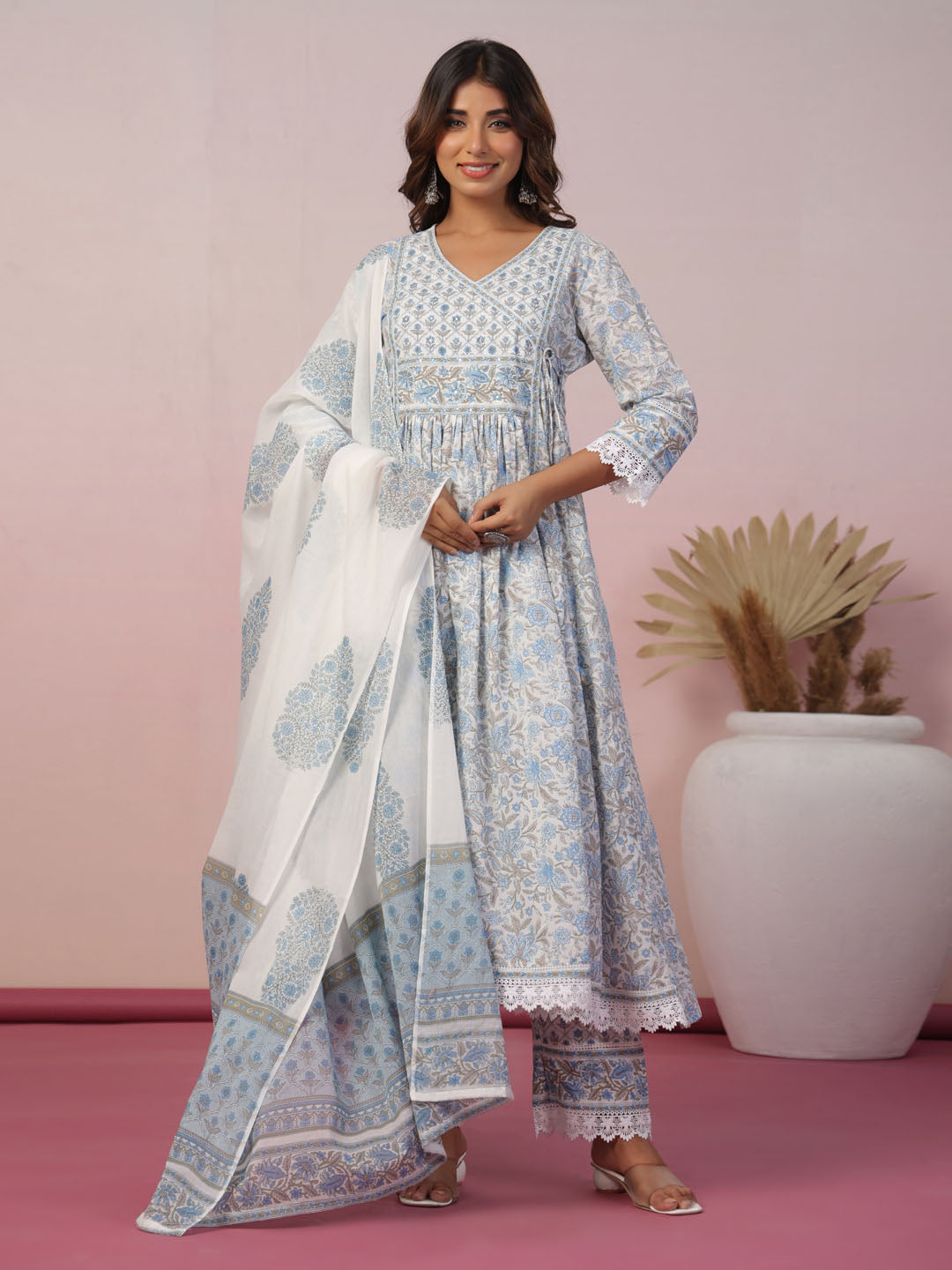 Floral Block Printed Cotton Kurta With Pants &amp; Dupatta