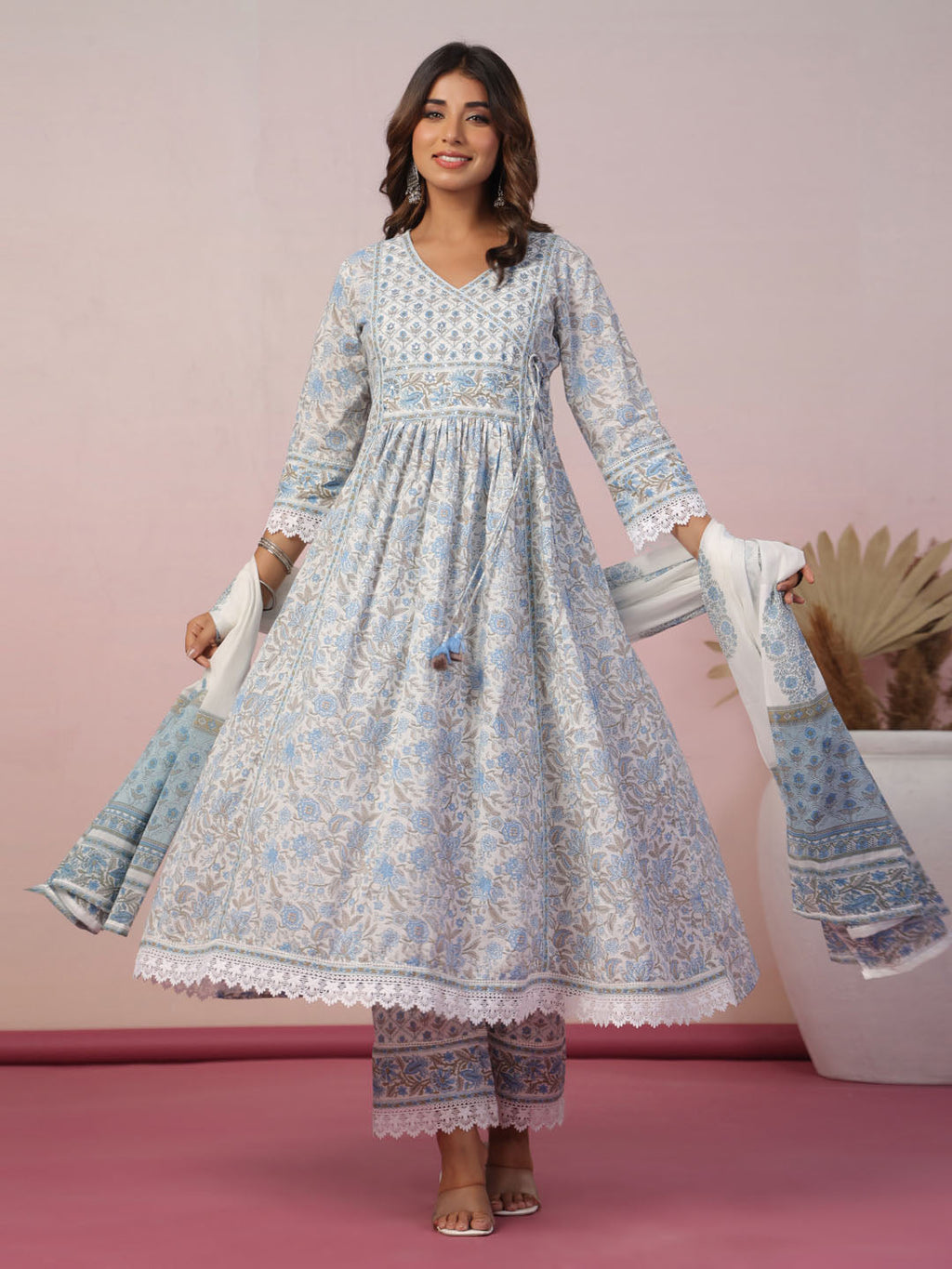 Floral Block Printed Cotton Kurta With Pants & Dupatta