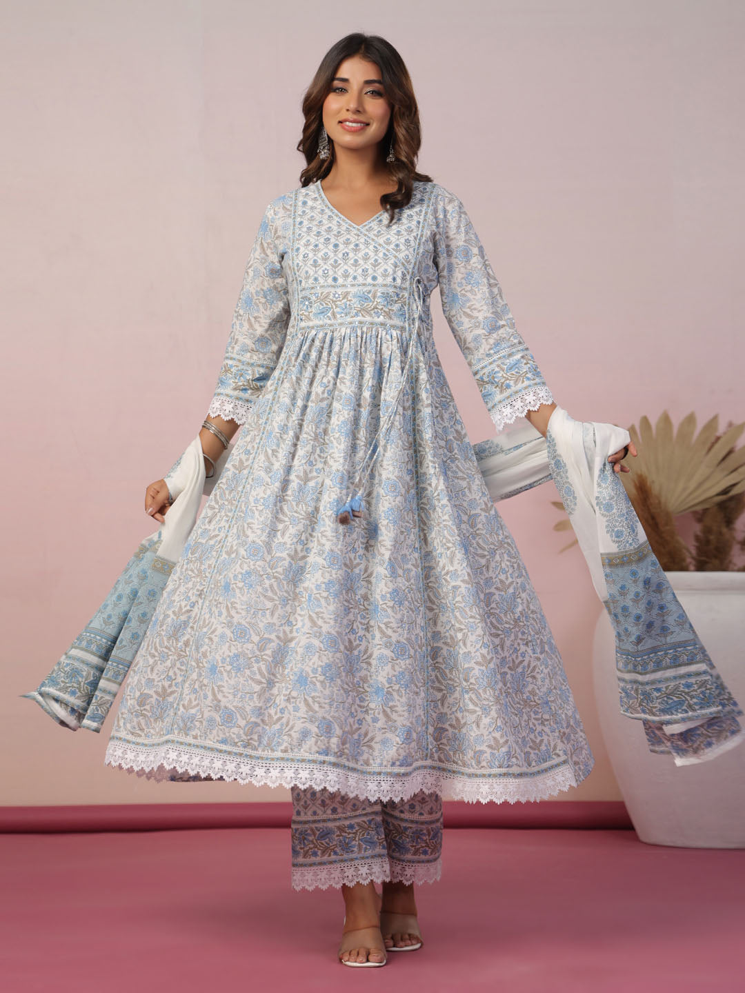 Floral Block Printed Cotton Kurta With Pants & Dupatta