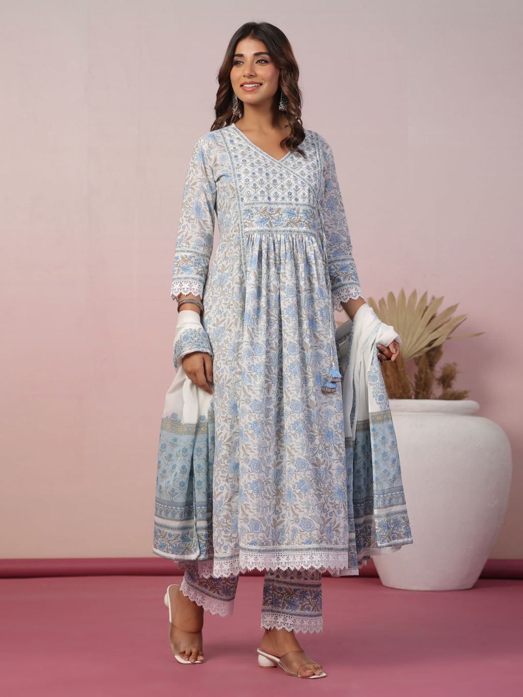 Floral Block Printed Cotton Kurta With Pants & Dupatta