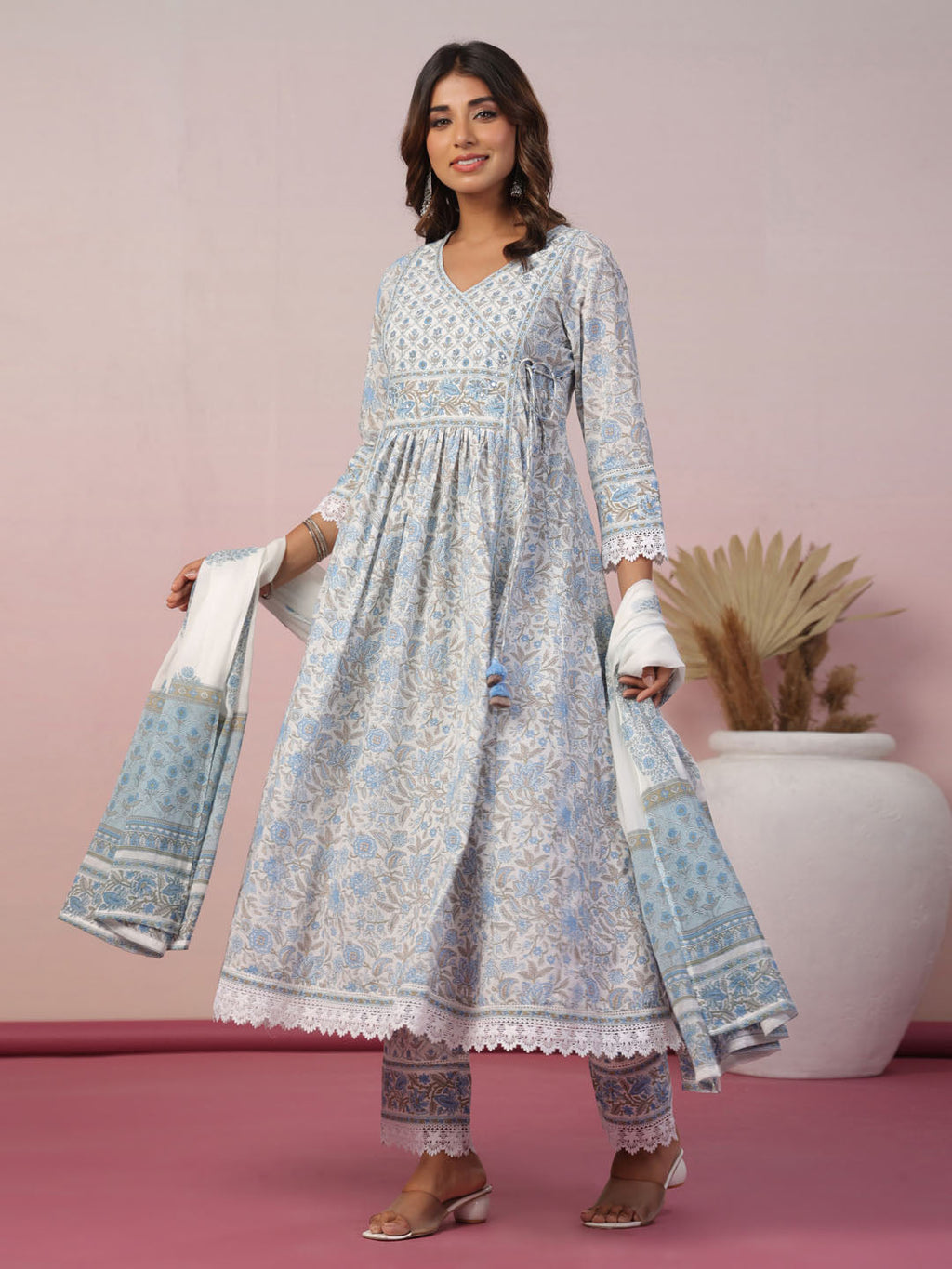 Floral Block Printed Cotton Kurta With Pants & Dupatta