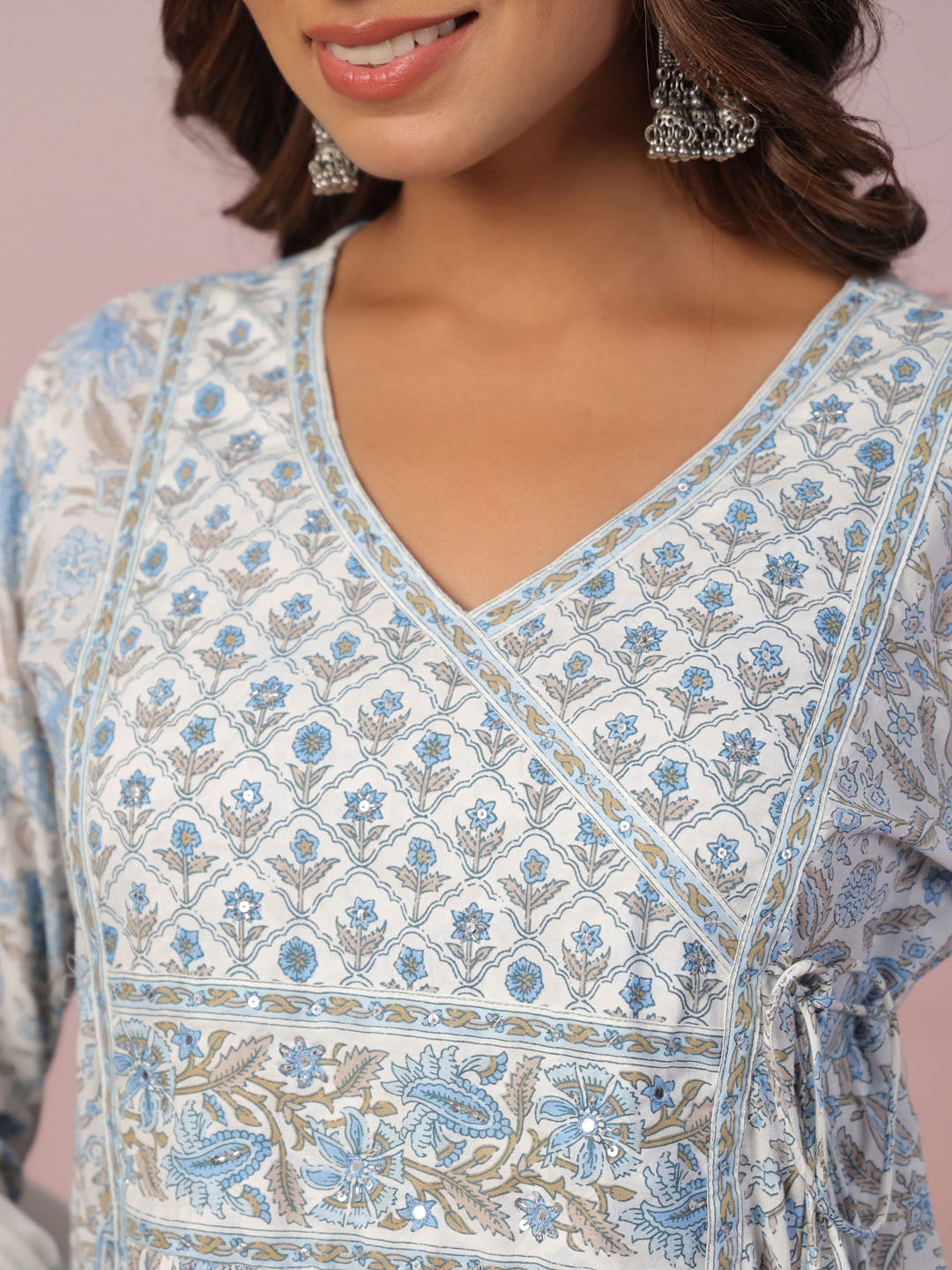 Floral Block Printed Cotton Kurta With Pants & Dupatta