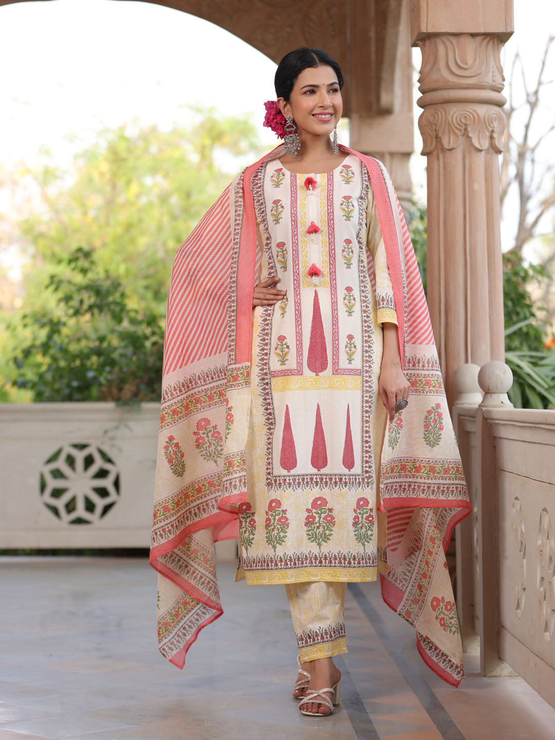 Floral Printed Cotton Kurta With Pants &amp; Dupatta