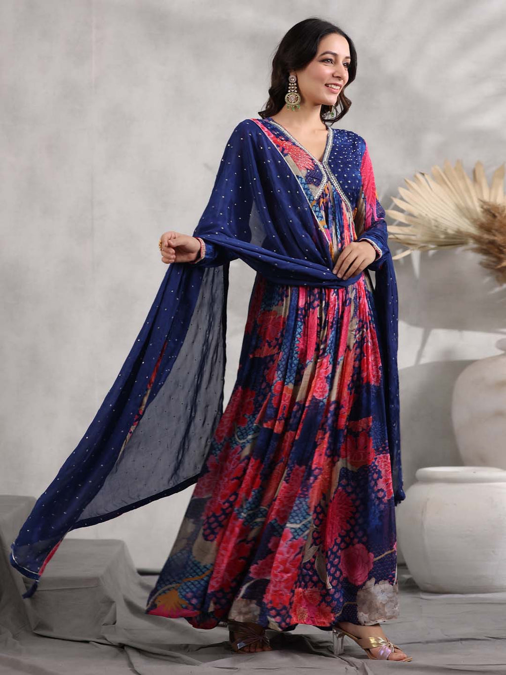 Floral Printed Crepe Kurta With Dupatta