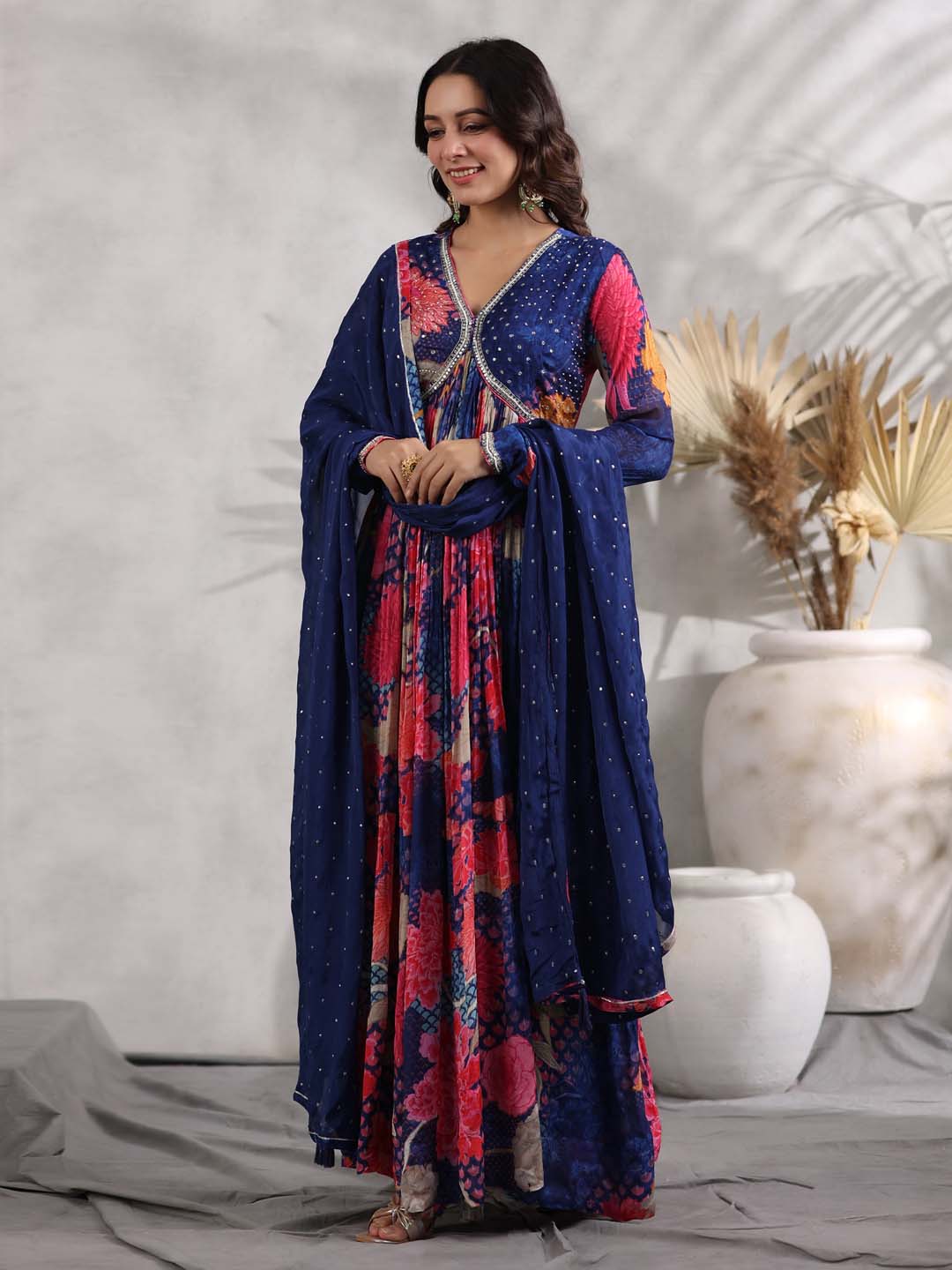 Floral Printed Crepe Kurta With Dupatta