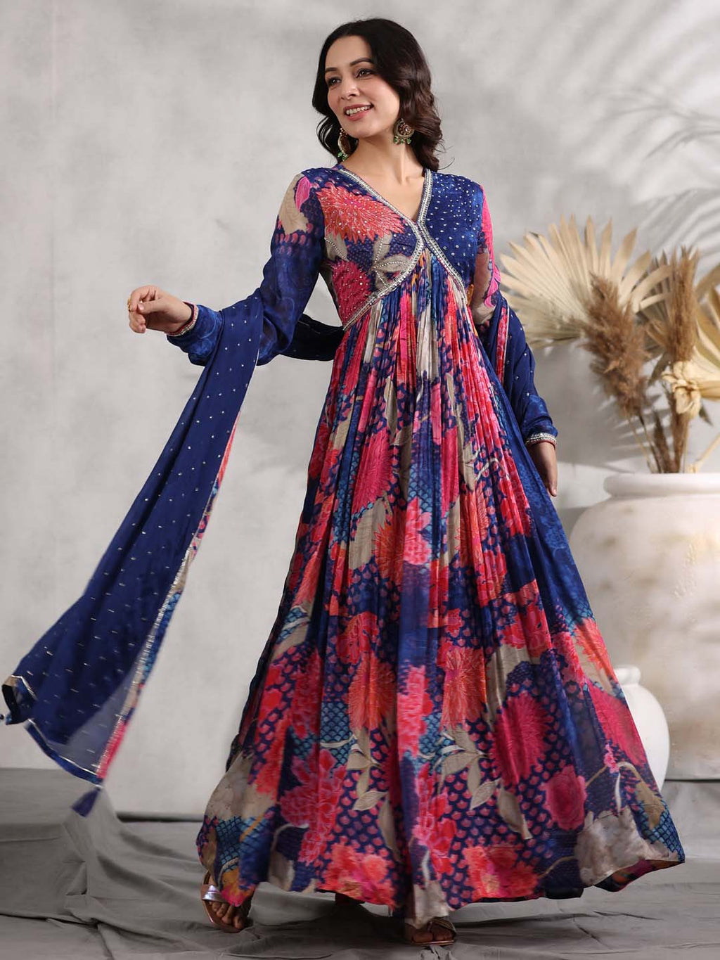 Floral Printed Crepe Kurta With Dupatta