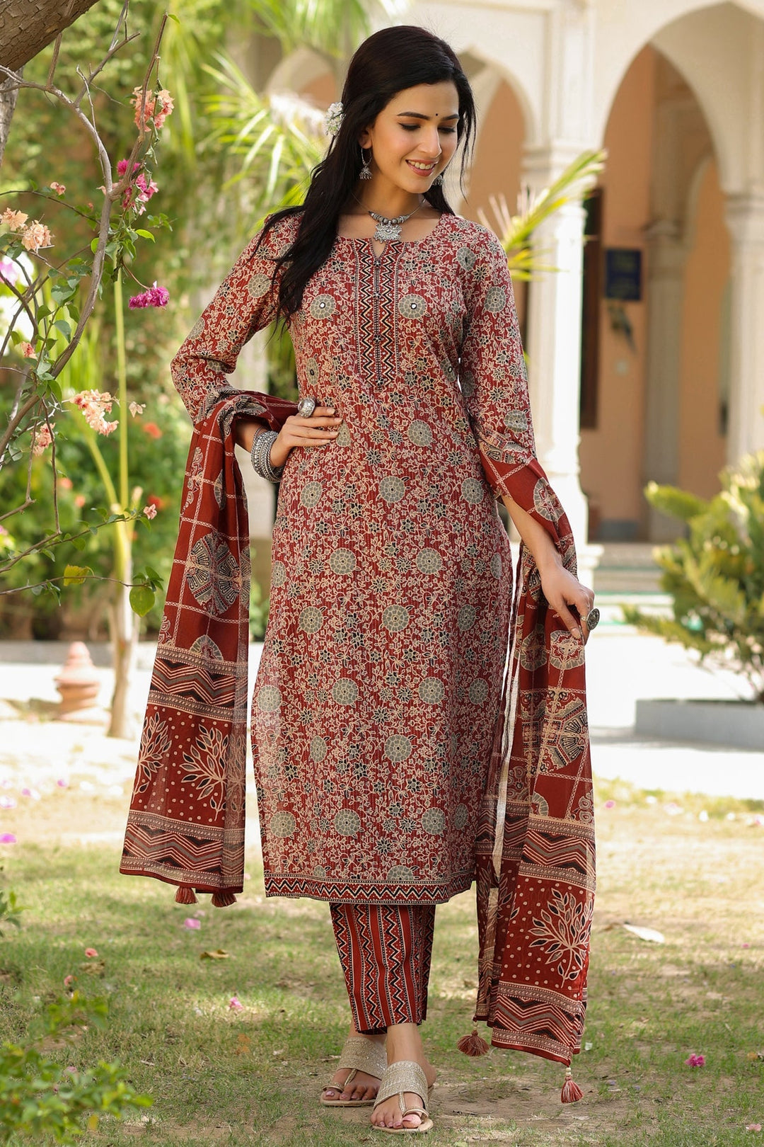 Printed Cotton Kurta With Pants &amp; Dupatta