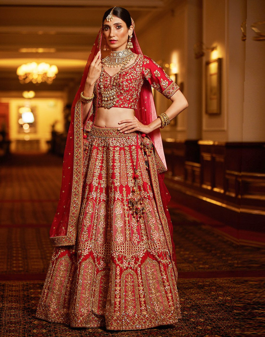 Embroidered Art Handloom Dupion Bridal Lehenga With Choli And Net Dupatta