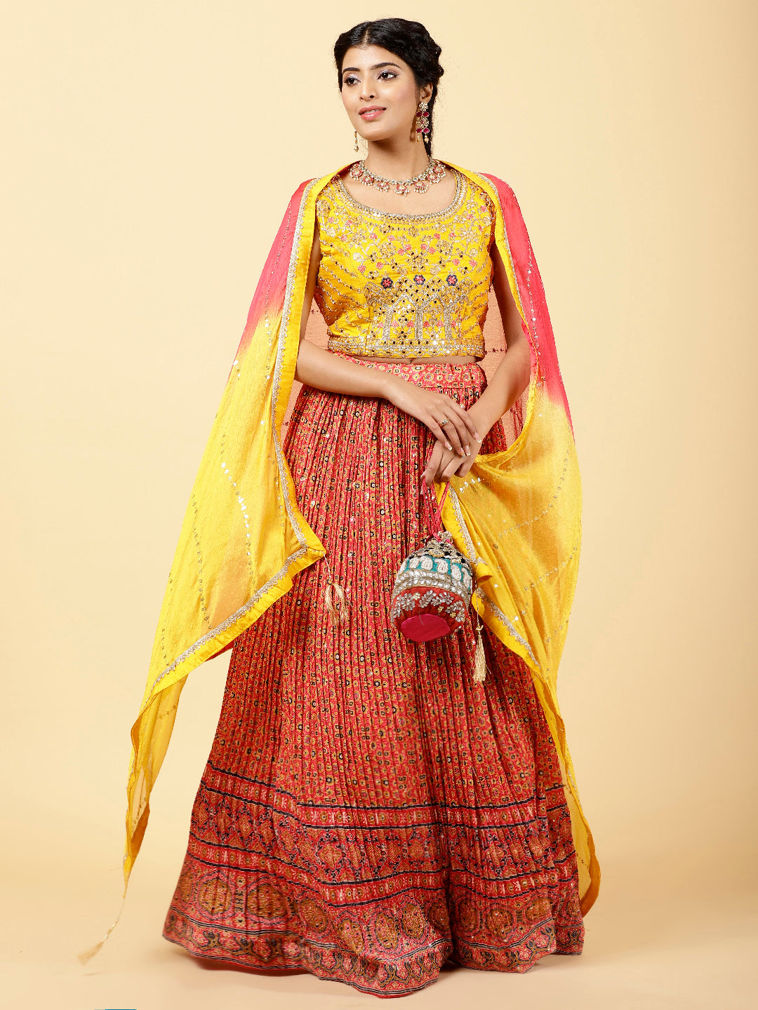 Printed &amp; Embroidered Crepe Choli With Lehenga &amp; Dupatta