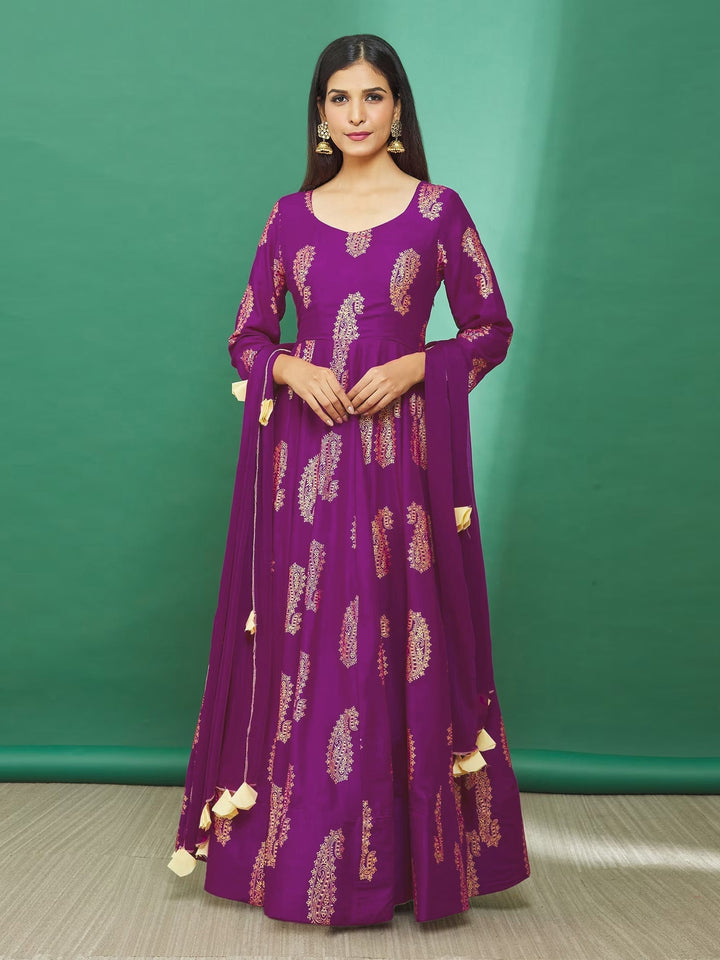 Paisley Printed Rayon Anarkali Kurta With Pants &amp; Dupatta