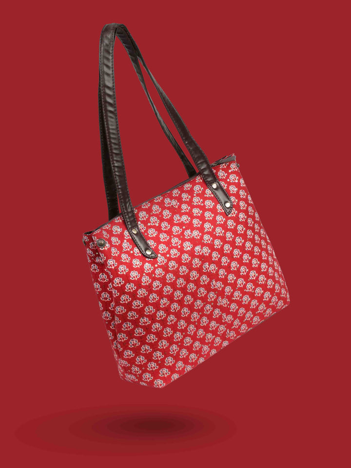Maroon &amp; Grey Cotton Handbag With Pouch