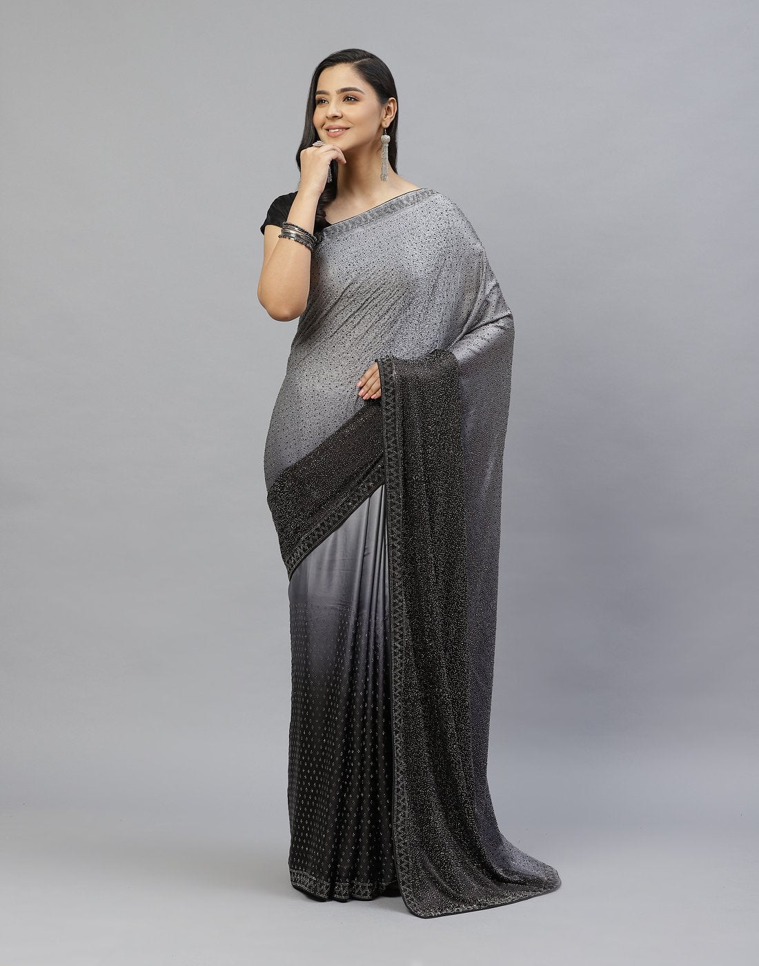 Embroidered Satin Stone Work Saree