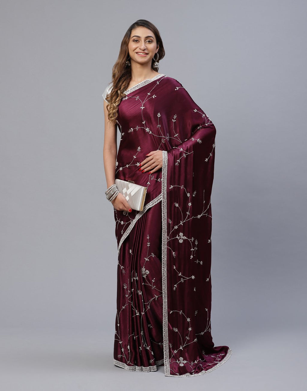 Embroidered Satin Saree With Stone Work