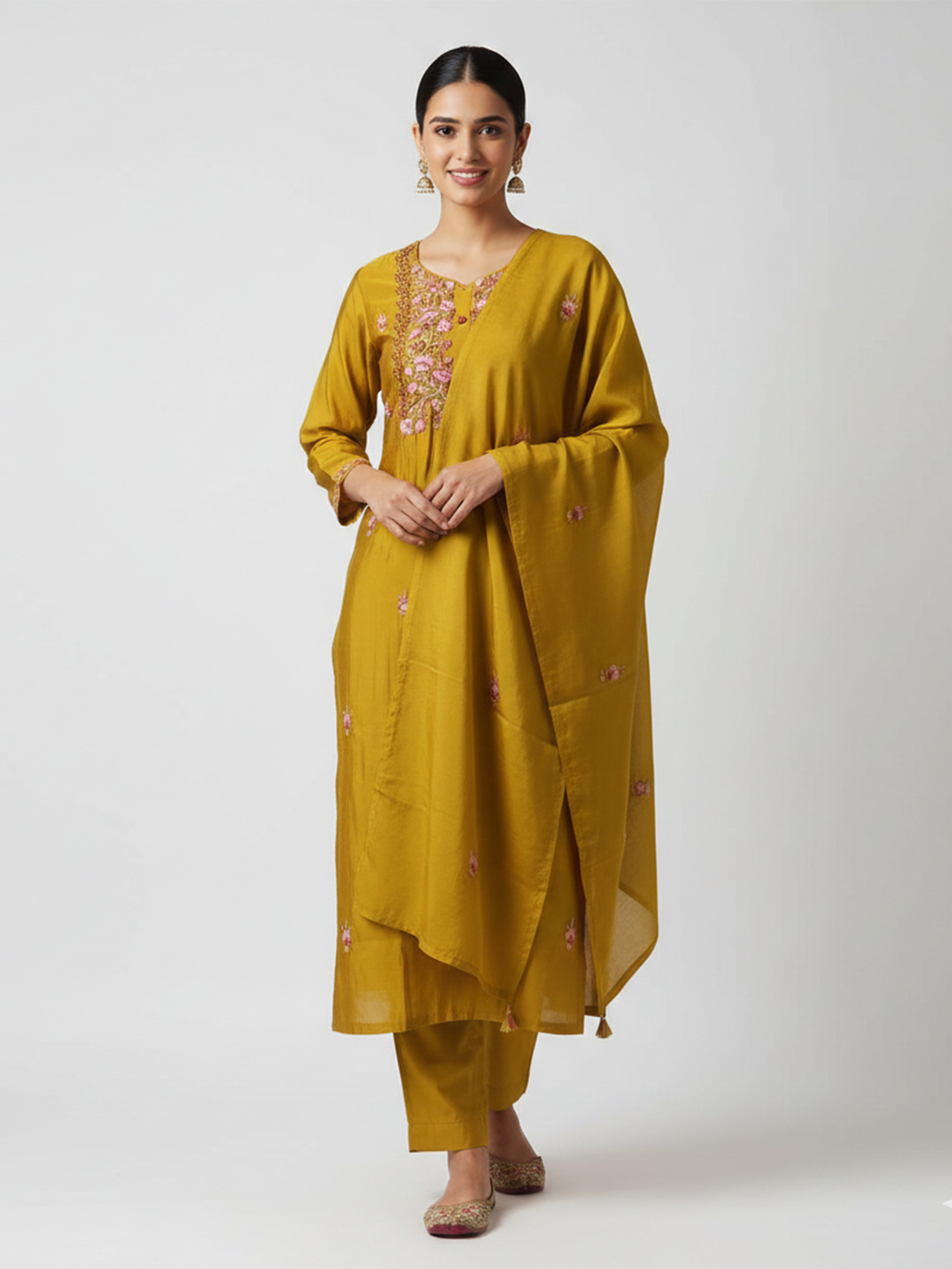 Mustard Art Silk Printed Straight Suit Set