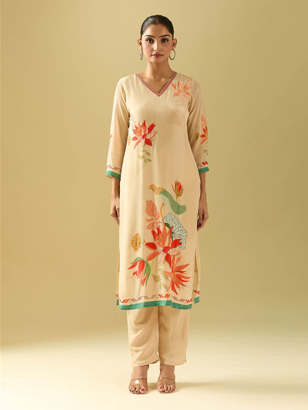 Neck Embroidery Crepe Kurta With Pants &amp; Dupatta