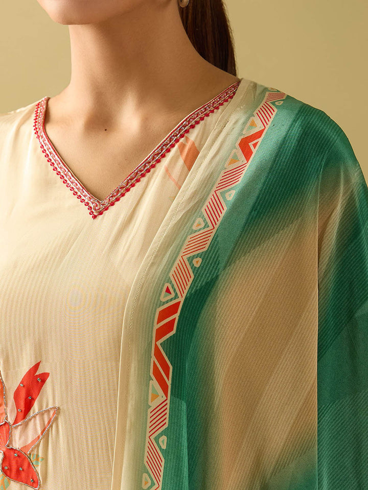 Neck Embroidery Crepe Kurta With Pants &amp; Dupatta