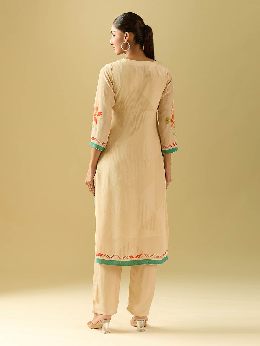 Neck Embroidery Crepe Kurta With Pants &amp; Dupatta