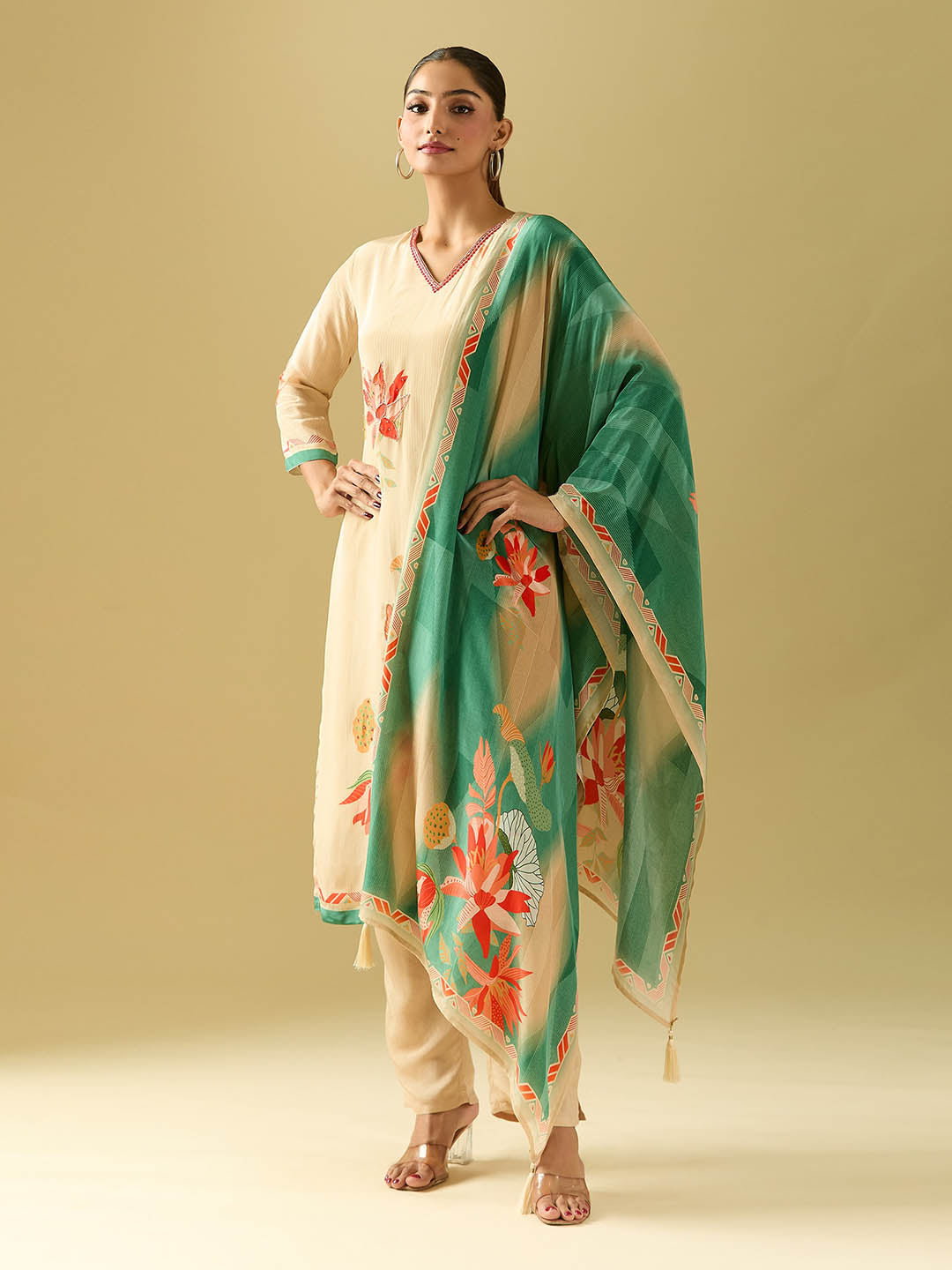 Neck Embroidery Crepe Kurta With Pants &amp; Dupatta
