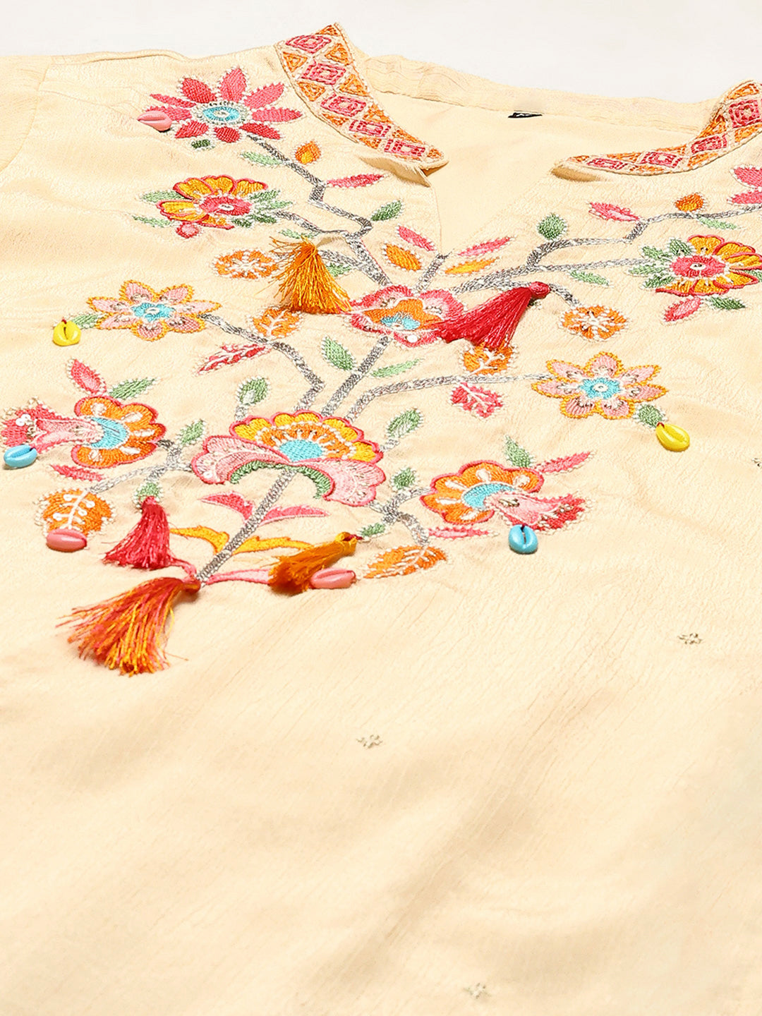 Resham Work Crepe Kurta With Pants &amp; Dupatta