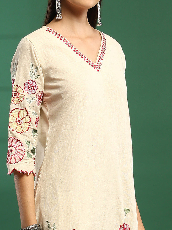 Embroidered Cotton Blend Kurta With Pant &amp; Dupatta