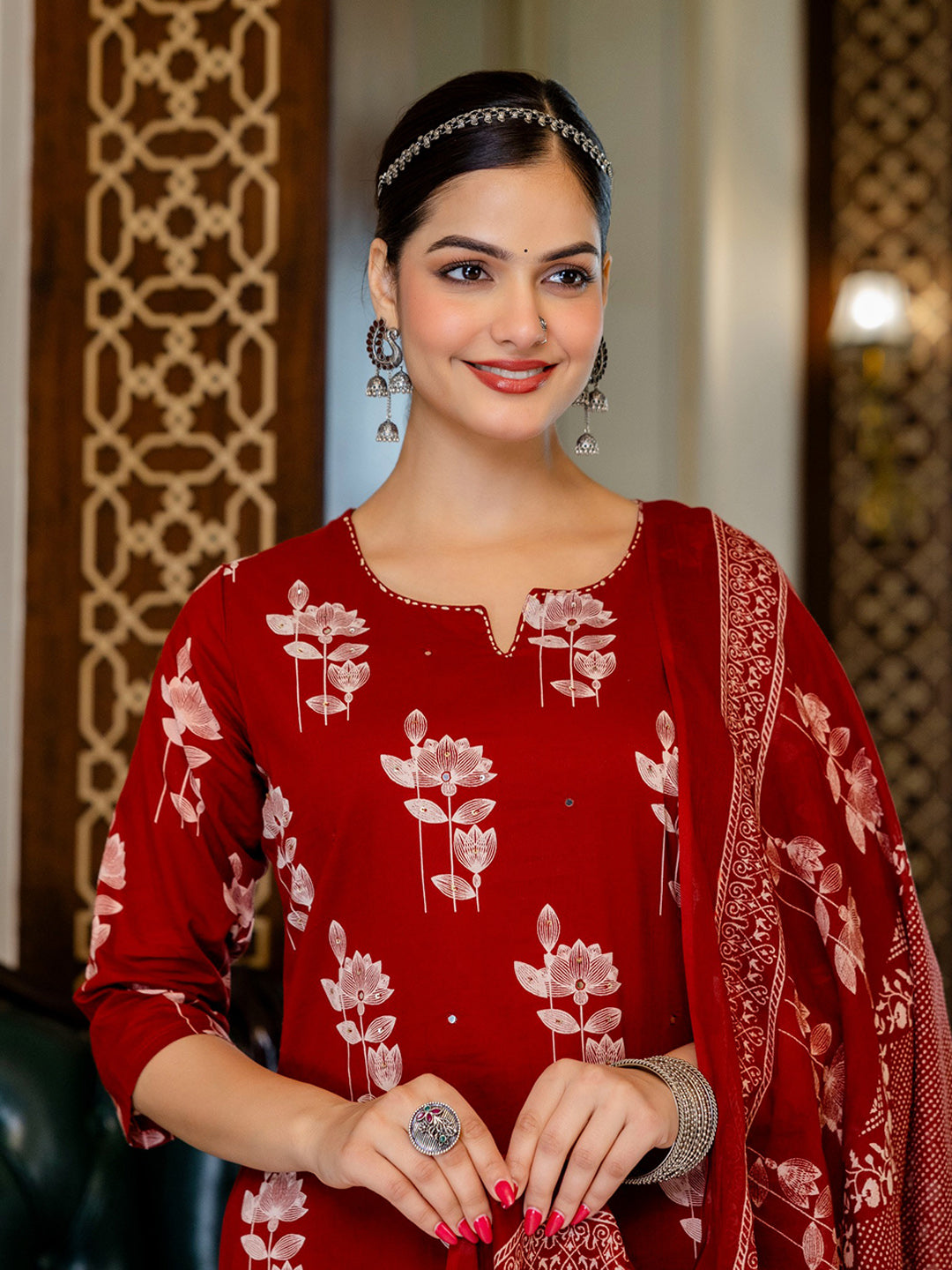 Red Cotton Blend Printed Straight Suit Set