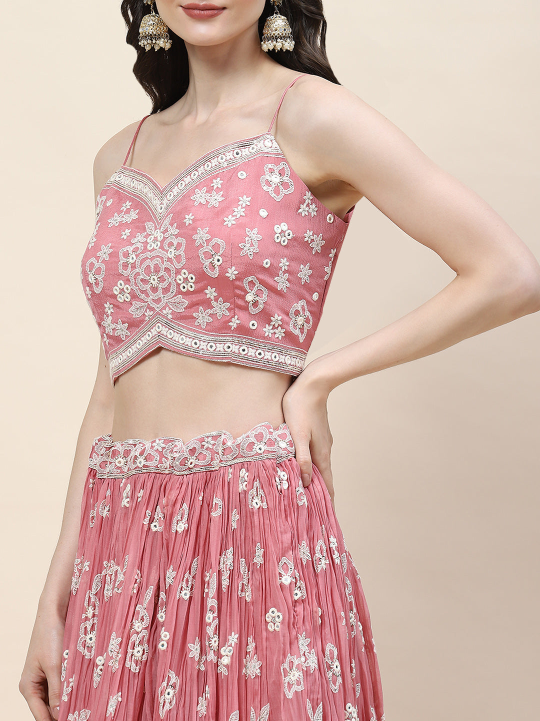 Resham Jaal Embroidery Crepe Choli  Jacket With Lehenga &amp; Dupatta