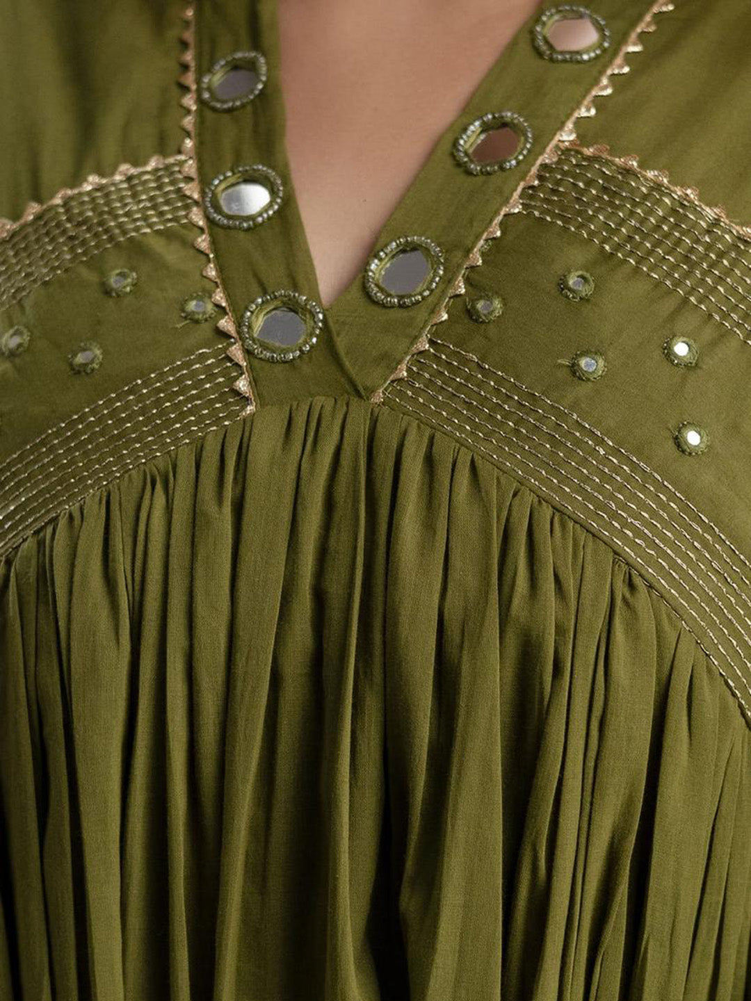 Green Cotton Blend Embroidered Straight Suit Set