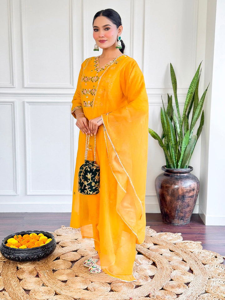 Neck Embroidery Cotton Blend Kurta With Pants &amp; Dupatta