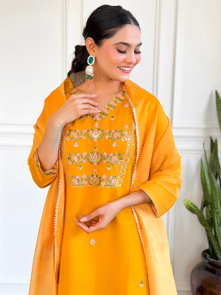 Neck Embroidery Cotton Blend Kurta With Pants &amp; Dupatta