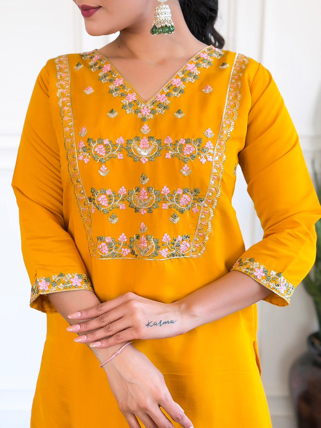 Neck Embroidery Cotton Blend Kurta With Pants &amp; Dupatta