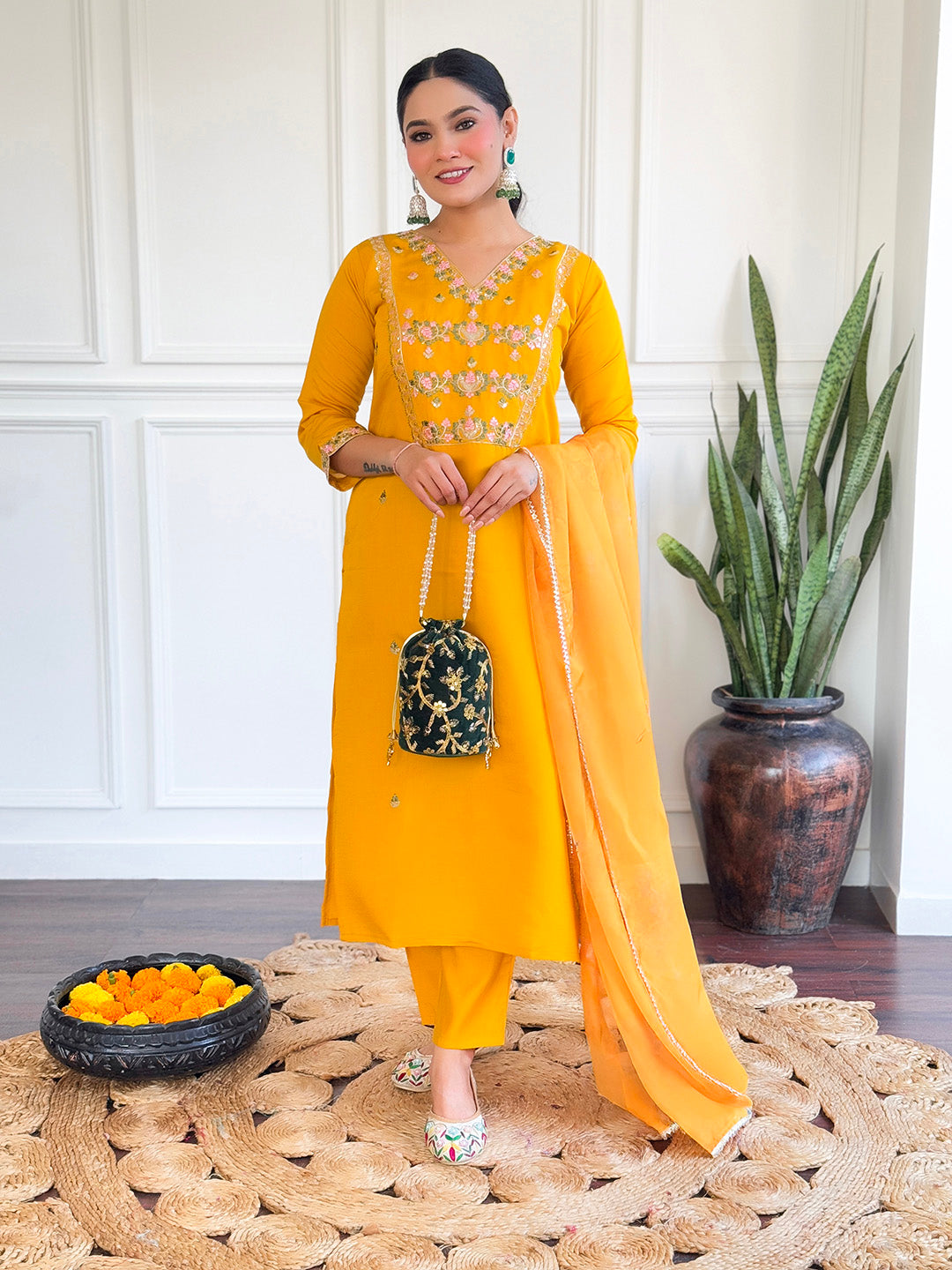 Neck Embroidery Cotton Blend Kurta With Pants &amp; Dupatta