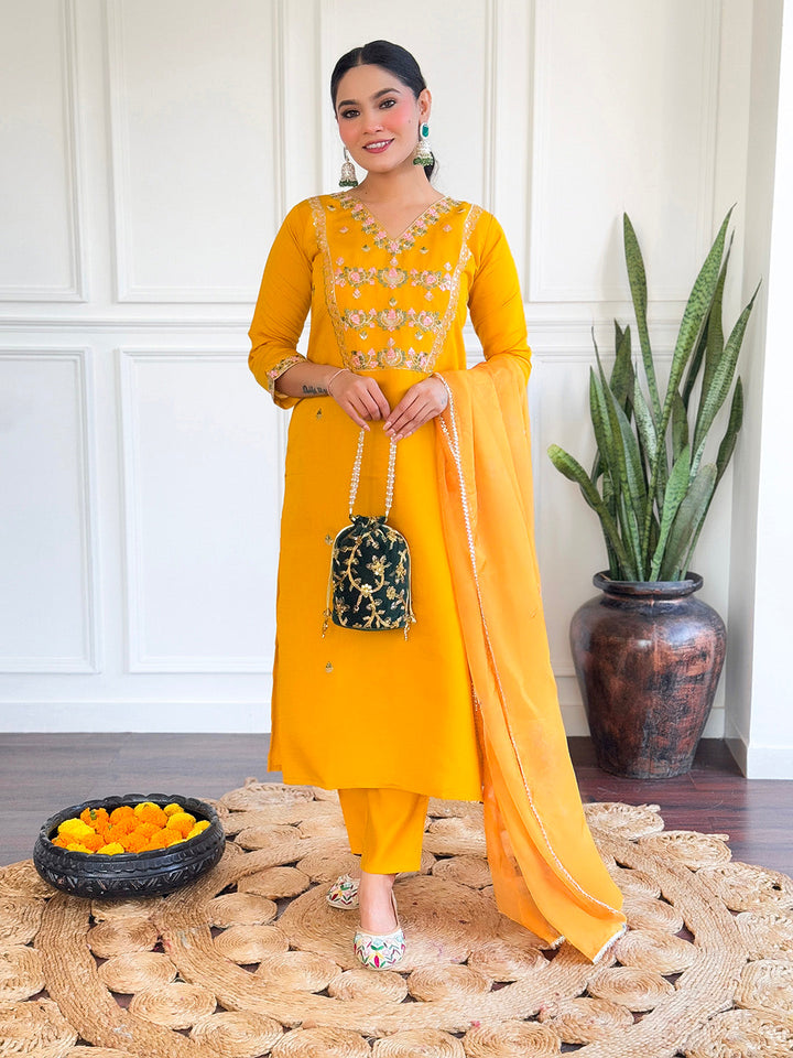 Neck Embroidery Cotton Blend Kurta With Pants &amp; Dupatta