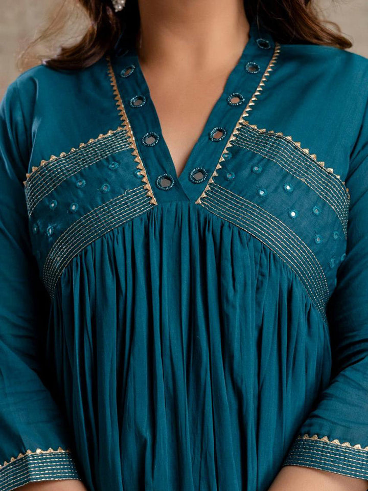 Blue Cotton Blend Embroidered Straight Suit Set