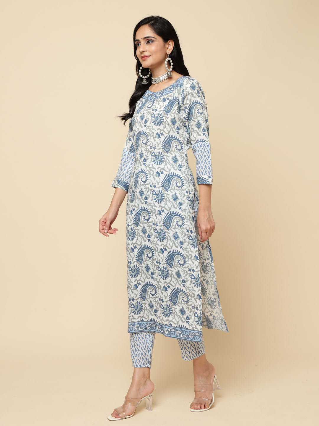 Paisley Printed Cotton Kurta With Pants & Dupatta
