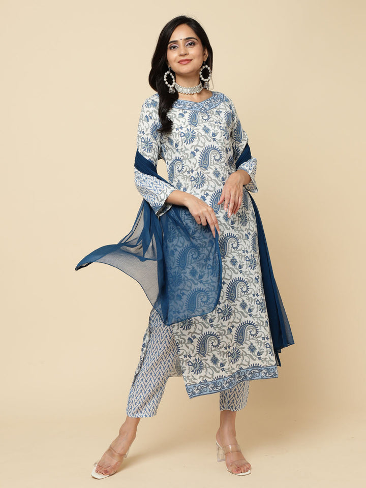 Paisley Printed Cotton Kurta With Pants &amp; Dupatta