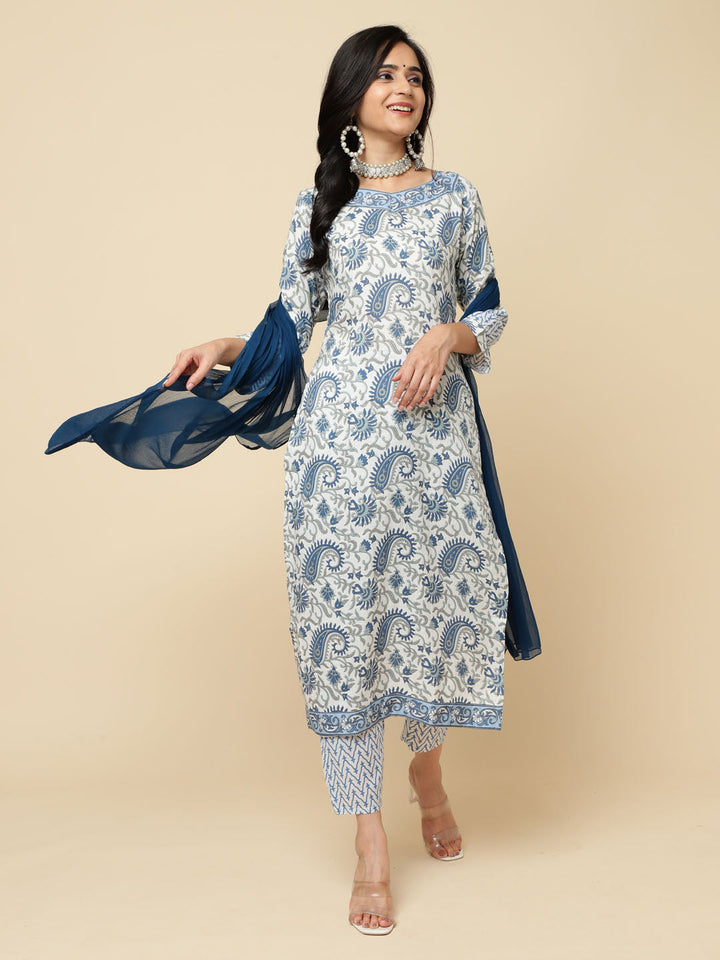 Paisley Printed Cotton Kurta With Pants &amp; Dupatta