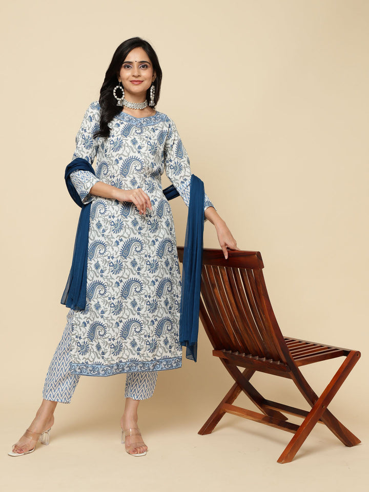 Paisley Printed Cotton Kurta With Pants &amp; Dupatta