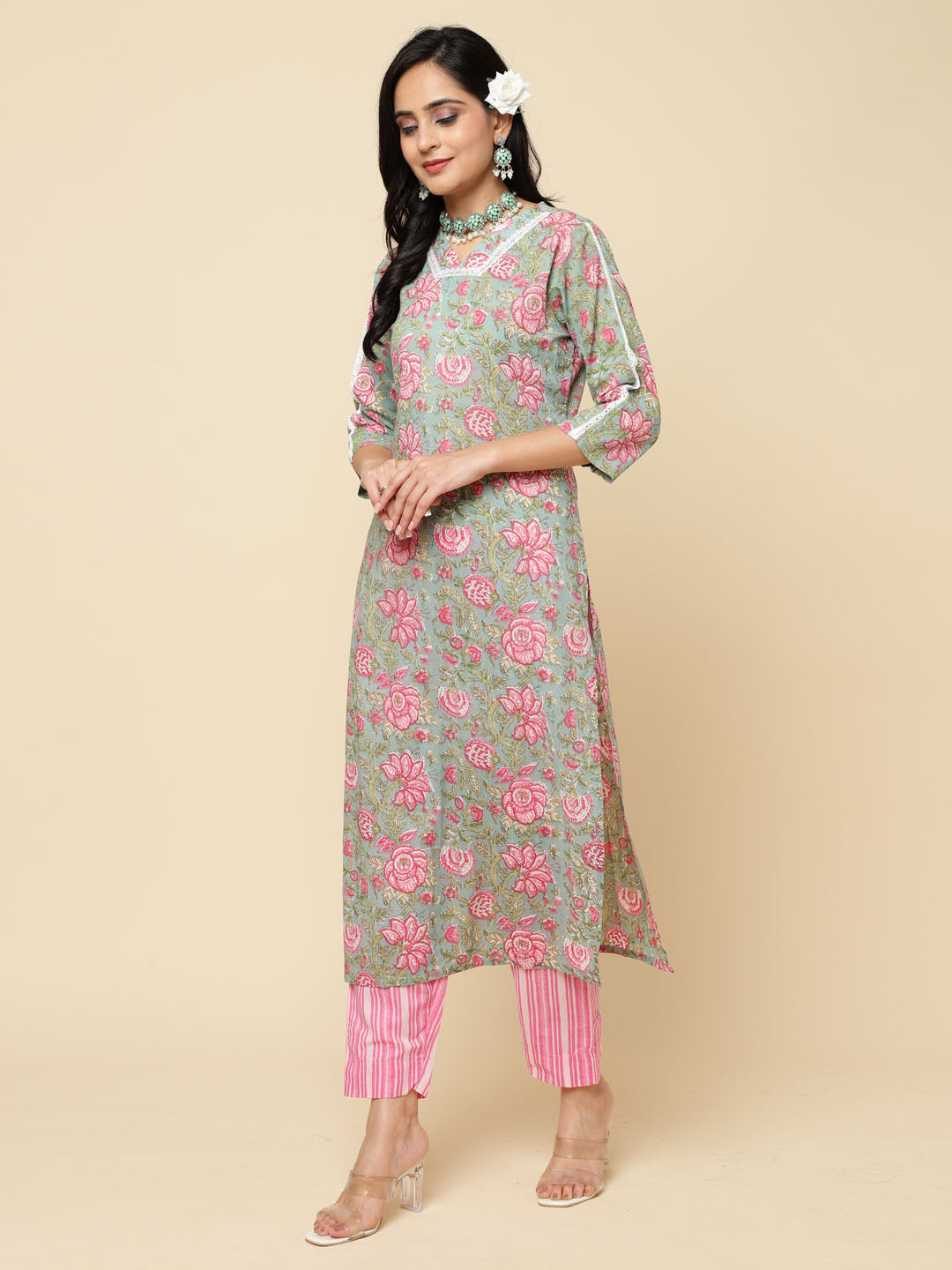Floral Printed Cotton Kurta With Pants &amp; Dupatta