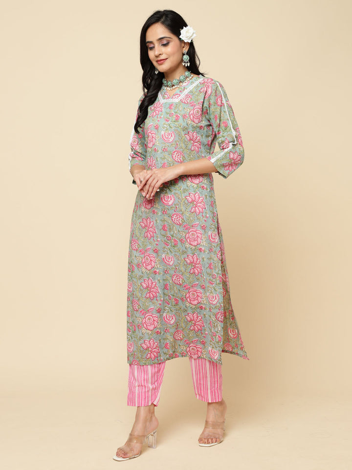 Floral Printed Cotton Kurta With Pants &amp; Dupatta