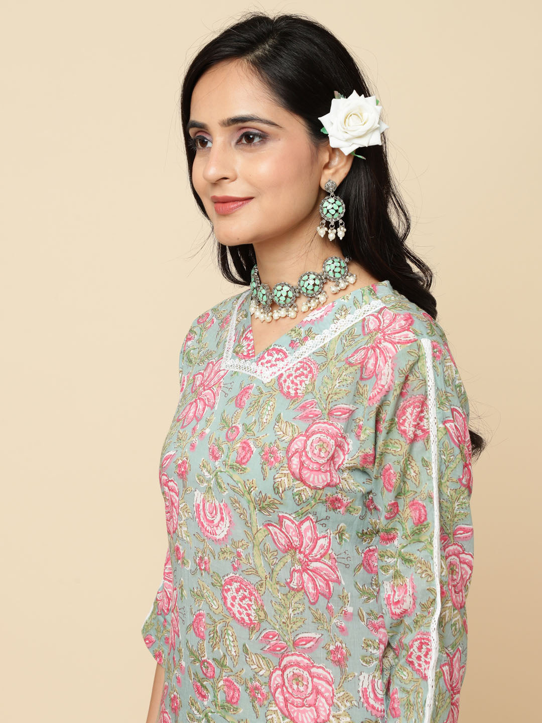 Floral Printed Cotton Kurta With Pants & Dupatta